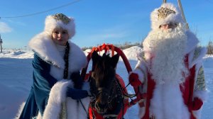 Дед мороз и Снегурочка в санях с лошадкой