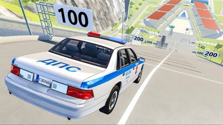 Прыжки с препятствиями машинки летят с большого Трамплина и разбиваются об асфальт Игровой Мультик