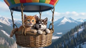 Мультфильм для детей. Приключения Котёнка и его друга Щеночка на воздушном шаре!