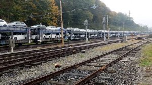 Электровоз 363-038 с вагонами автовозами едет в Любляну