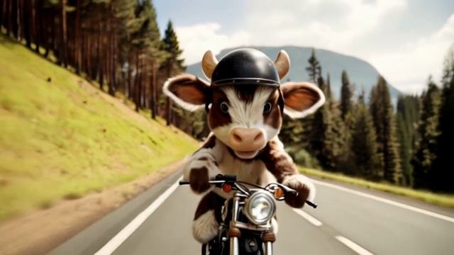 Дикий бычок на мотоцикле путешествует😌нейросеть 2025