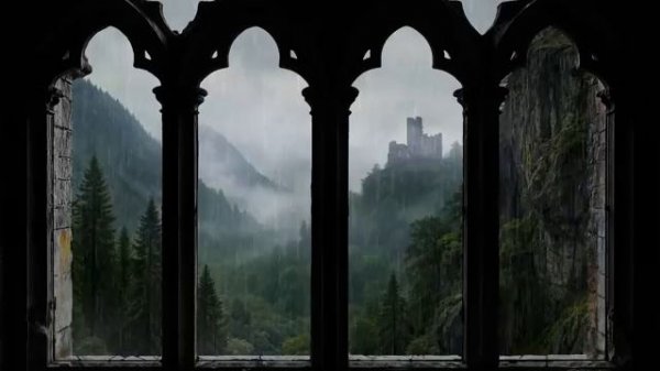 4K Rainy Medieval Castle Window View - Cozy