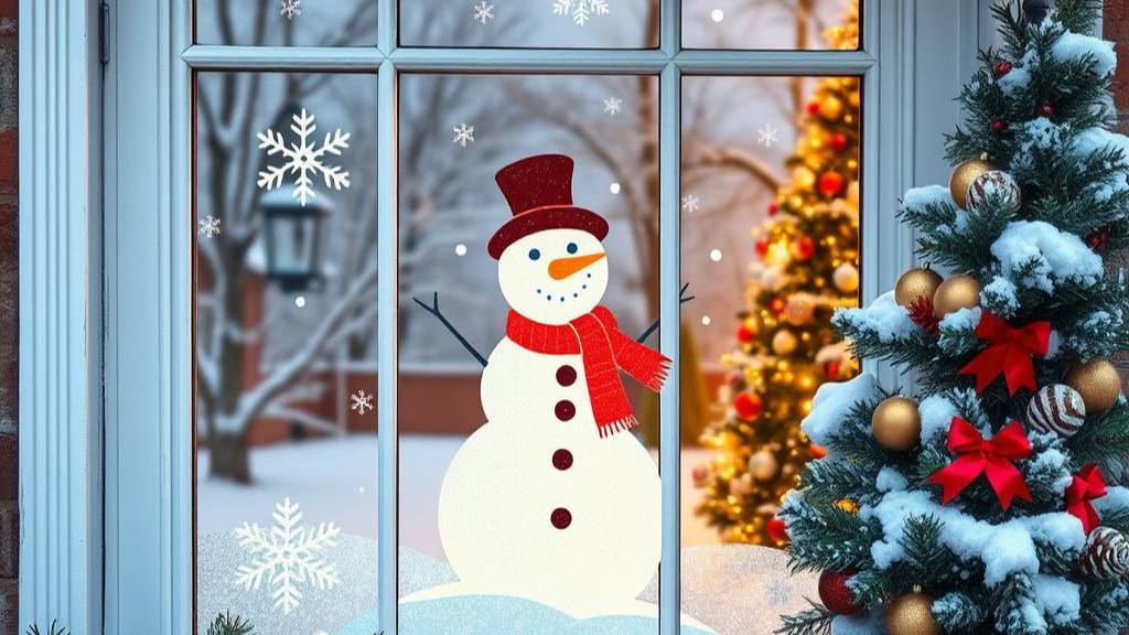 Новогодние окна: снеговик и снежинки смотреть онлайн