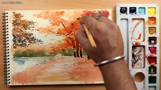 Осенний пейзаж акварелью. Рисуем пошагово смотреть онлайн