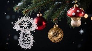 Грибок крючком - новогоднее украшение (брюггское кружево) - мастер класс