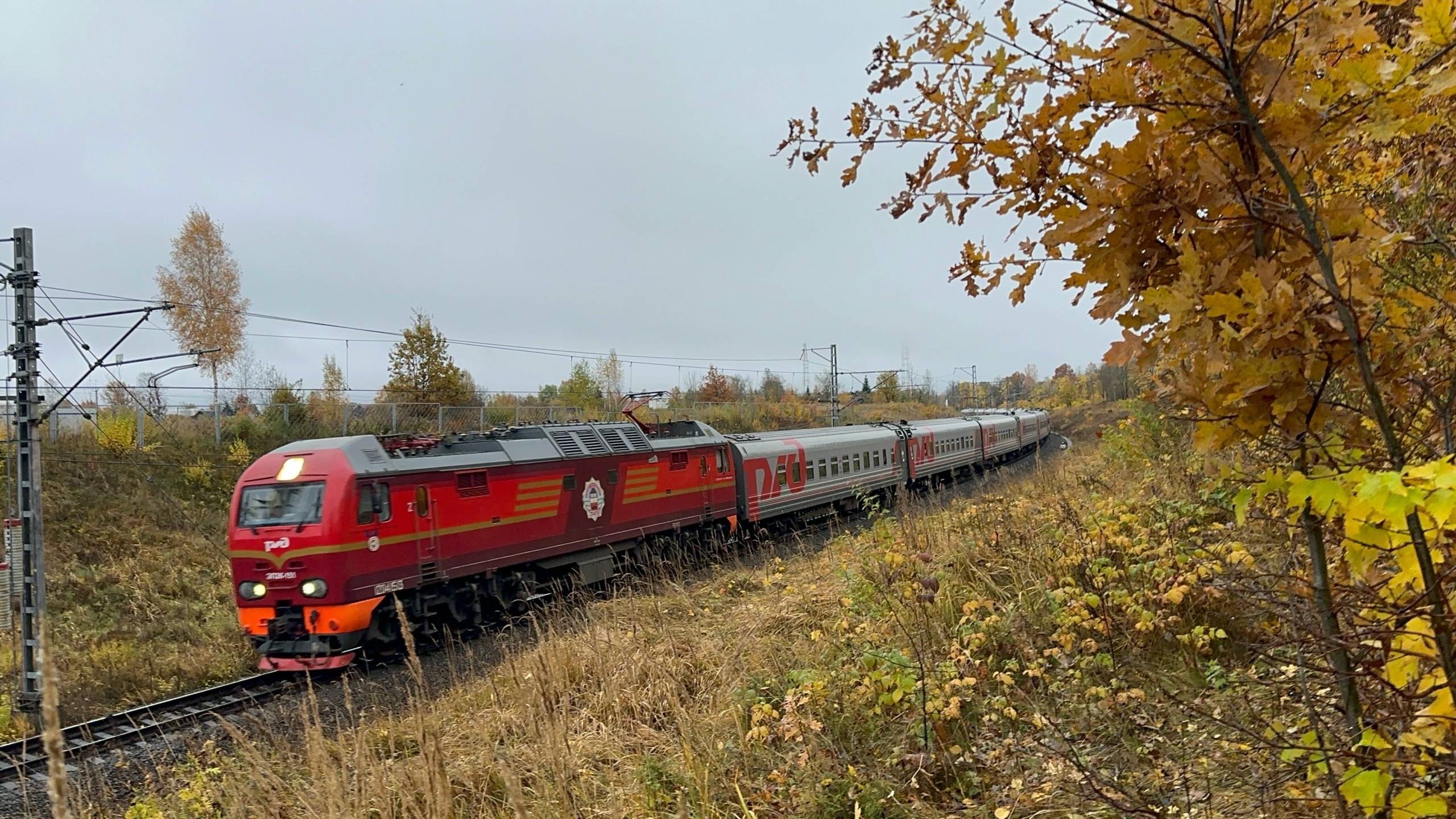 «Золотой осенью!» Электровоз ЭП2К-151 «ТЧ-8» с пасс.поездом на перегоне, октябрь 2025 года смотреть онлайн