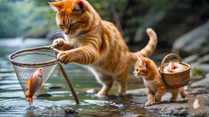 😹Мама кошечка ловит рыбу со своим маленьким сыночком🔥