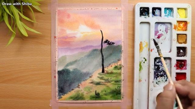 Дерево на фоне горного пейзажа акварелью. Простой пошаговый урок для начинающих смотреть онлайн