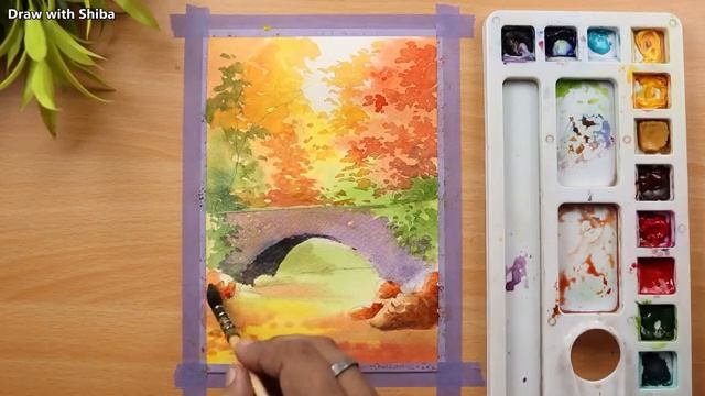 Осенние деревья и пейзаж с мостом акварелью. Пошаговый урок для начинающих смотреть онлайн