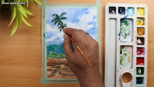 Пейзаж акварелью. Пляж с пальмами. Пошаговый урок смотреть онлайн