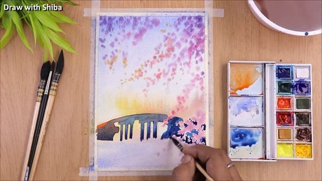 Пейзаж акварелью с цветочными деревьями и мостом. Пошаговый урок смотреть онлайн