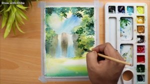 Пейзаж акварелью с водопадом и деревьями. Простой пошаговый урок для начинающих