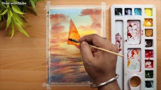 Пейзаж акварелью. Парусная лодка на закате. Простой пошаговый урок для начинающих смотреть онлайн