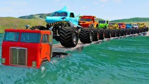 МУЛЬТИКИ ПРО МАШИНКИ Спасательная машина с длинным прицепом-платформой и монстр-траки Beamng Drive