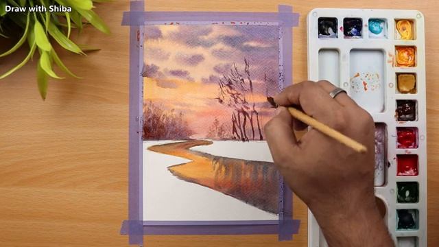 Зимнее озеро и снежный пейзаж акварелью. Пошаговый урок для начинающих смотреть онлайн