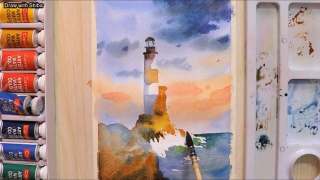 Простой пошаговый урок рисования акварелью маяка для начинающих смотреть онлайн