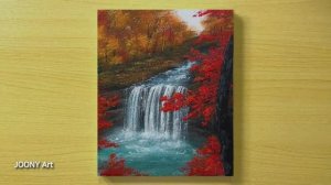 Прекрасный осенний пейзаж с водопадом / Акриловая живопись для начинающих
