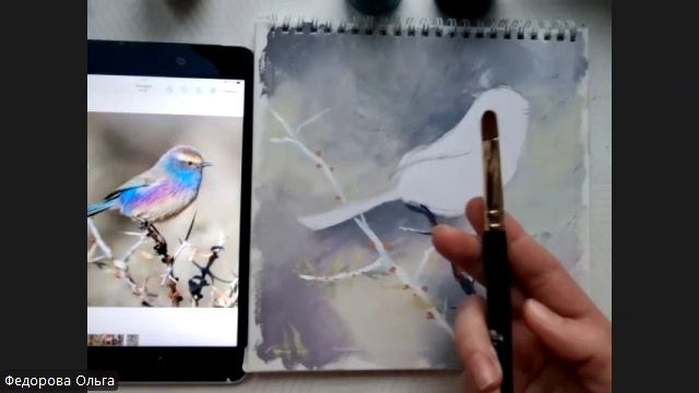 Гуашь. Белобровая синичка