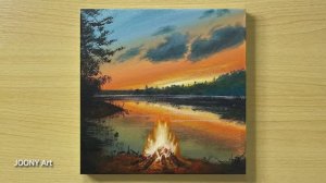 Рисуем горящий костер на берегу озера / Акриловая живопись для начинающих