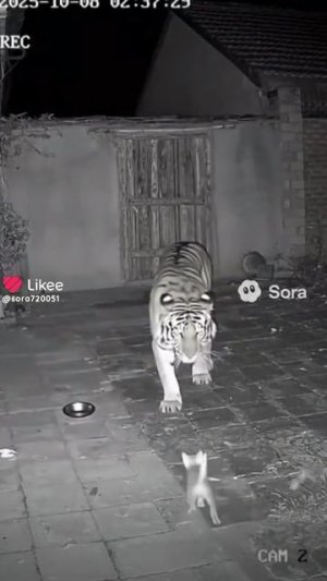 тигр испугался котёнка