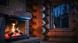 4К Камин в лесной избе камин и снег за окном для сна Cozy Forest Cabin Overnight: Fireplace ASMR