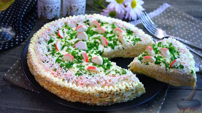 Нарядная закуска. ВАФЕЛЬНЫЙ ТОРТ С КРАБОВЫМИ ПАЛОЧКАМИ смотреть онлайн