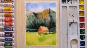 Простой пошаговый урок для начинающих рисования акварелью пейзажа с домом