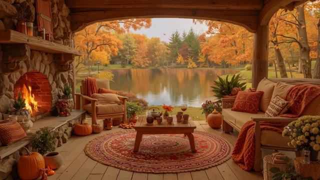 Cozy Autumn Porch By The Lake Soft Piano Music Warm Fireplace Sounds For Stress Relief Focus