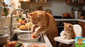 МУЛТФИЛЬМ ДЛЯ ДЕТЕЙ, Мама–кошка усердно растит котят - готовит сытные блюда, вяжет теплую одежду