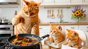 😹Мама кошечка готовит вкусное мясо с овощами своим маленьким котяткам🔥