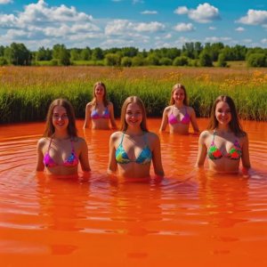 Купание девушек в оранжевом озере