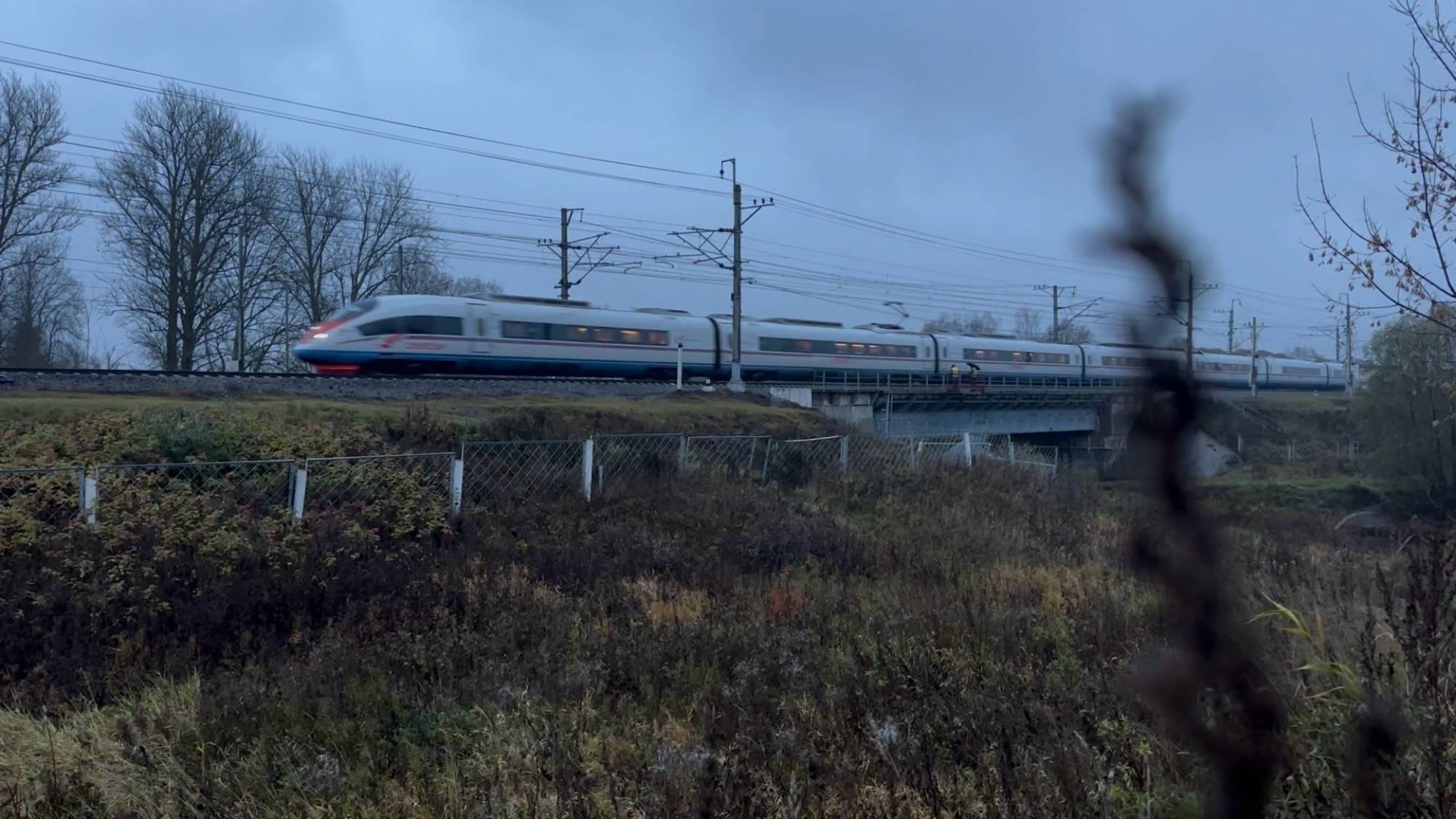 «В сумерках!» Электропоезд «Сапсан» Siemens Velaro RUS на перегоне, октябрь 2025 года смотреть онлайн