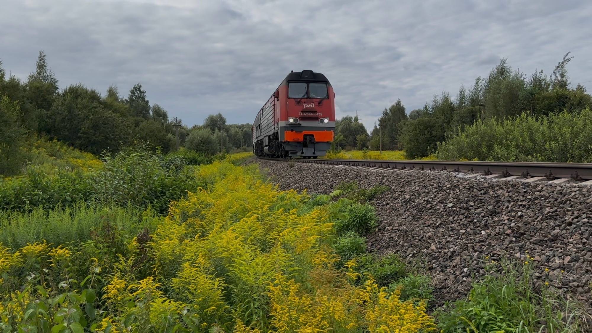 «Приветливый!» Тепловоз «КаМаз» 2ТЭ25КМ-0435 с грузовым поездом на перегоне, 2025 год смотреть онлайн