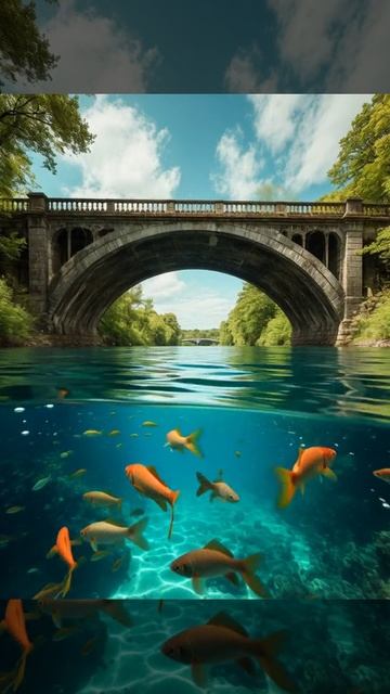 #Футаж #видеомонтаж фэнтэзи рыбы под водой, замок и мост