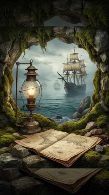 #Футаж #видеомонтаж #фэнтэзи старинные корабли, карта и фонарь, грот, бухта