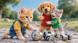 Мультики для детей, котик с мамой собрали игрушечного робата, мультфильм/мультик