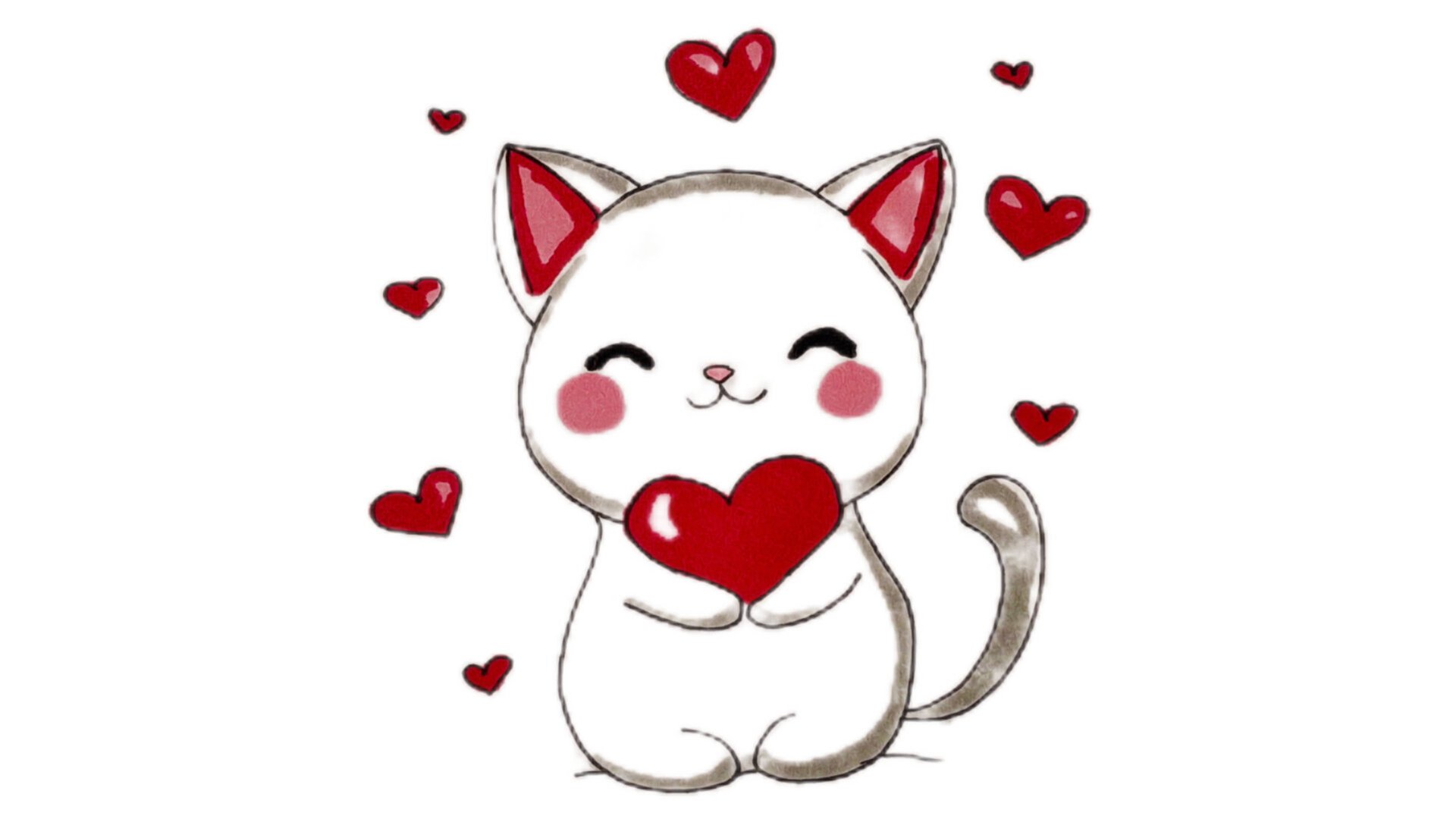 Рисуем милый рисунок Котик с сердечком смотреть онлайн