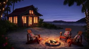 Атмосфера костра на пляже с потрескивающим огнем и шумом океанских волн для релаксации и сна