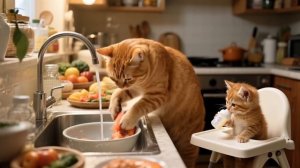 Мама-кошка трудится, чтобы вырастить котят 🐾🍳🧶❤️