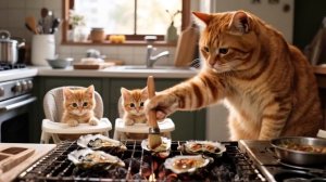 Котята попали под дождь! Мама-кошка готовит еду для всех и пускает мыльные пузыри