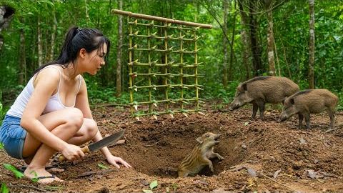 Примитивное ремесло выживания — изготовление ловушки для дикого кабана из зелёного бамбука. смотреть онлайн