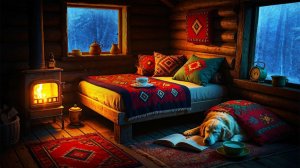 🔥 Засыпайте быстро в теплой деревянной избе – потрескивающий камин, метель и сонная собака.