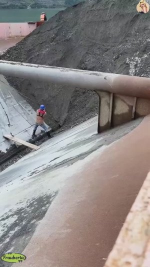 Строительство, разгрузка баржи со щебнем