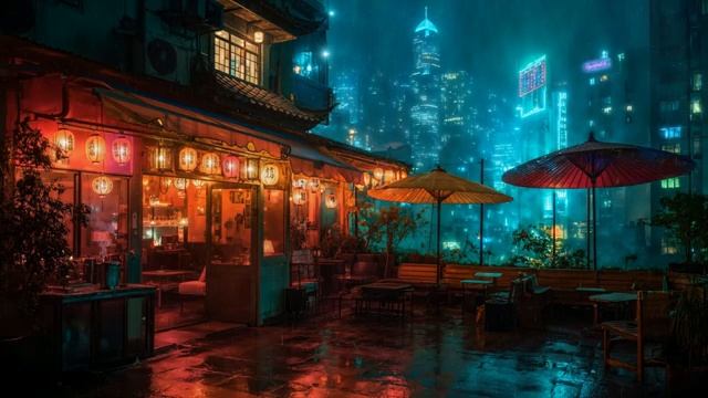 Sushi Rooftop Lounge Soothing Rain Beats Over The Cityscape Chill Focus Sleep