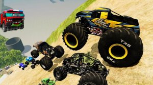 Эпические прыжки и аварии монстр-траков на очень высокой скорости с горки в BeamNG Drive