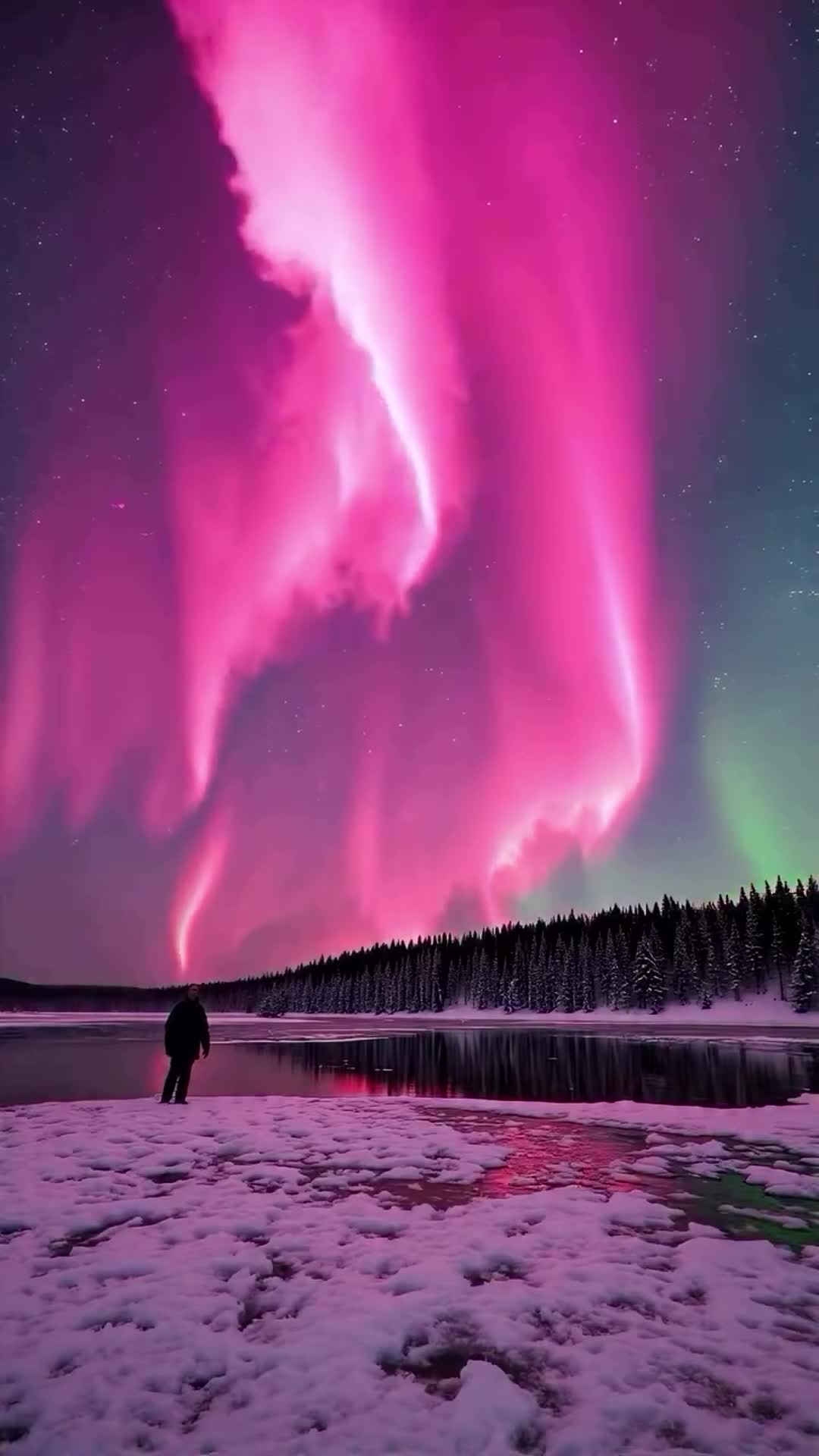 Редкое явление розового северного сияния происходит из-за воздействия заряженных частиц солнечног... смотреть онлайн