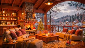 Зимний вечер у озера ❄️ Волшебная терраса, камин и уютный рождественский джаз 🎄🔥