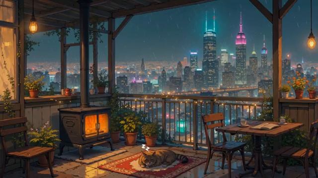 Cozy Balcony In Tokyo Rain Lofi Chill With Cat Gentle Rain Soothing City Glow