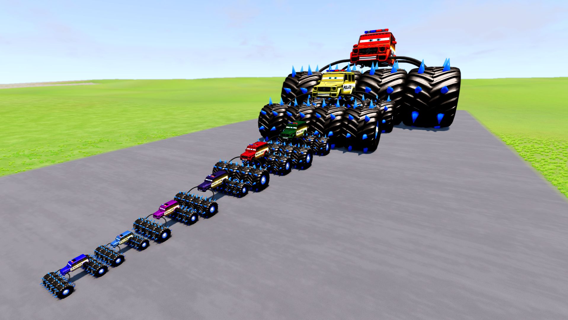 Большая и маленькая полицейская машина на больших колесах против поездов | BeamNG.Drive смотреть онлайн