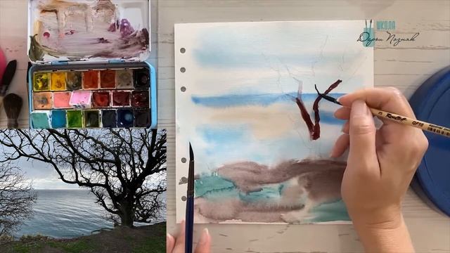 Дерево акварелью. Легкие пейзажи акварелью. смотреть онлайн